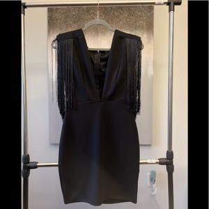 Cowboy Take me Away Dress, Black, Shoulder fringe, V Cut, Stretchy material